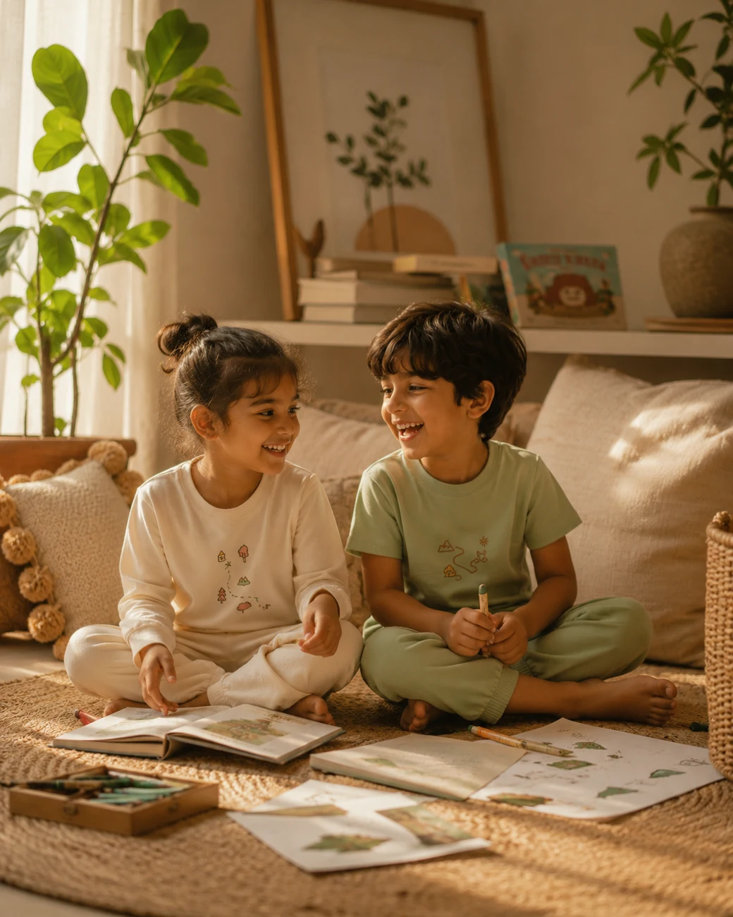 Children in soft outfits drawing together