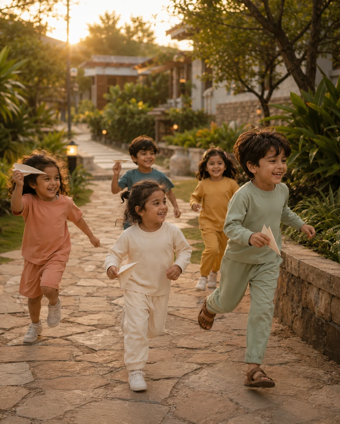 A cheerful group of children running together in soft Nimuki-inspired outfits
