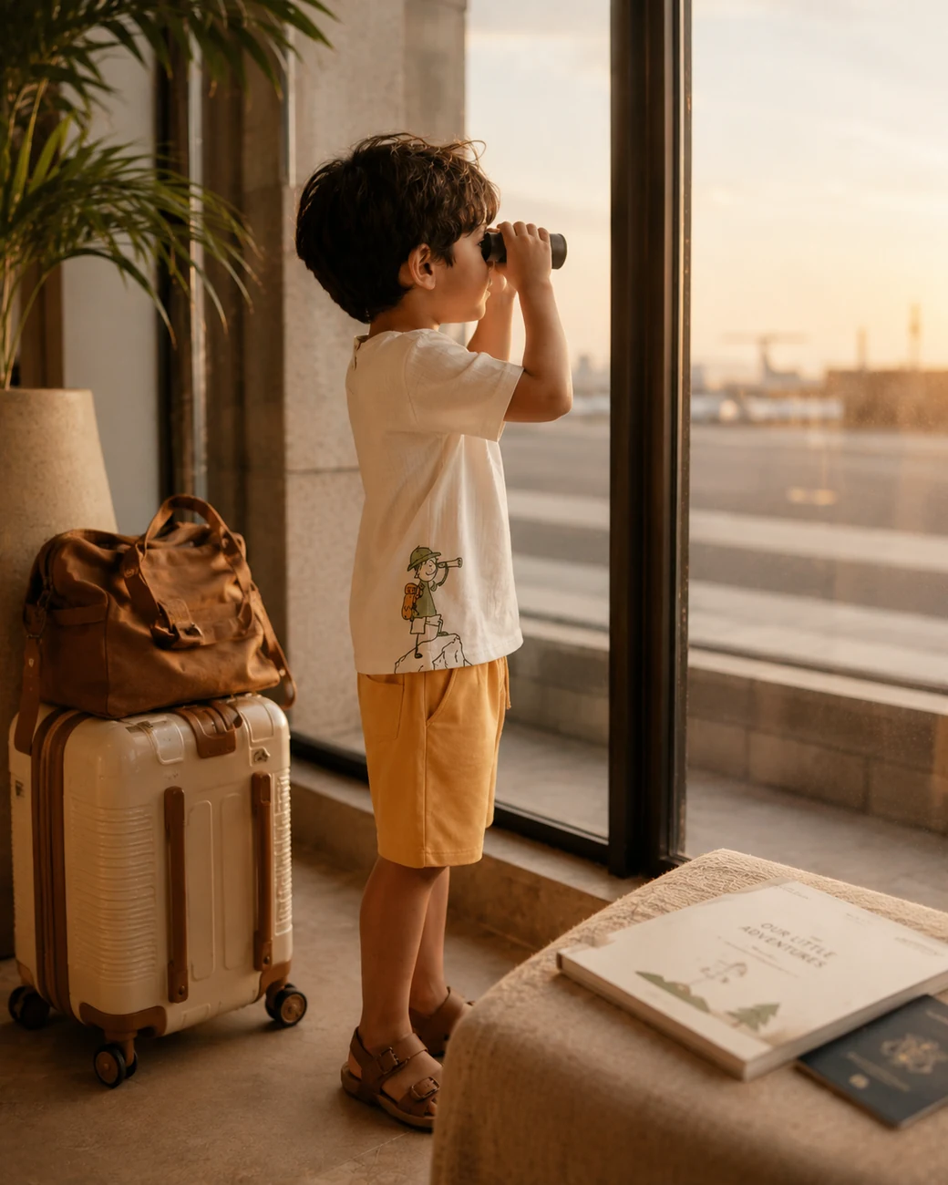 A child looking through binoculars by a window